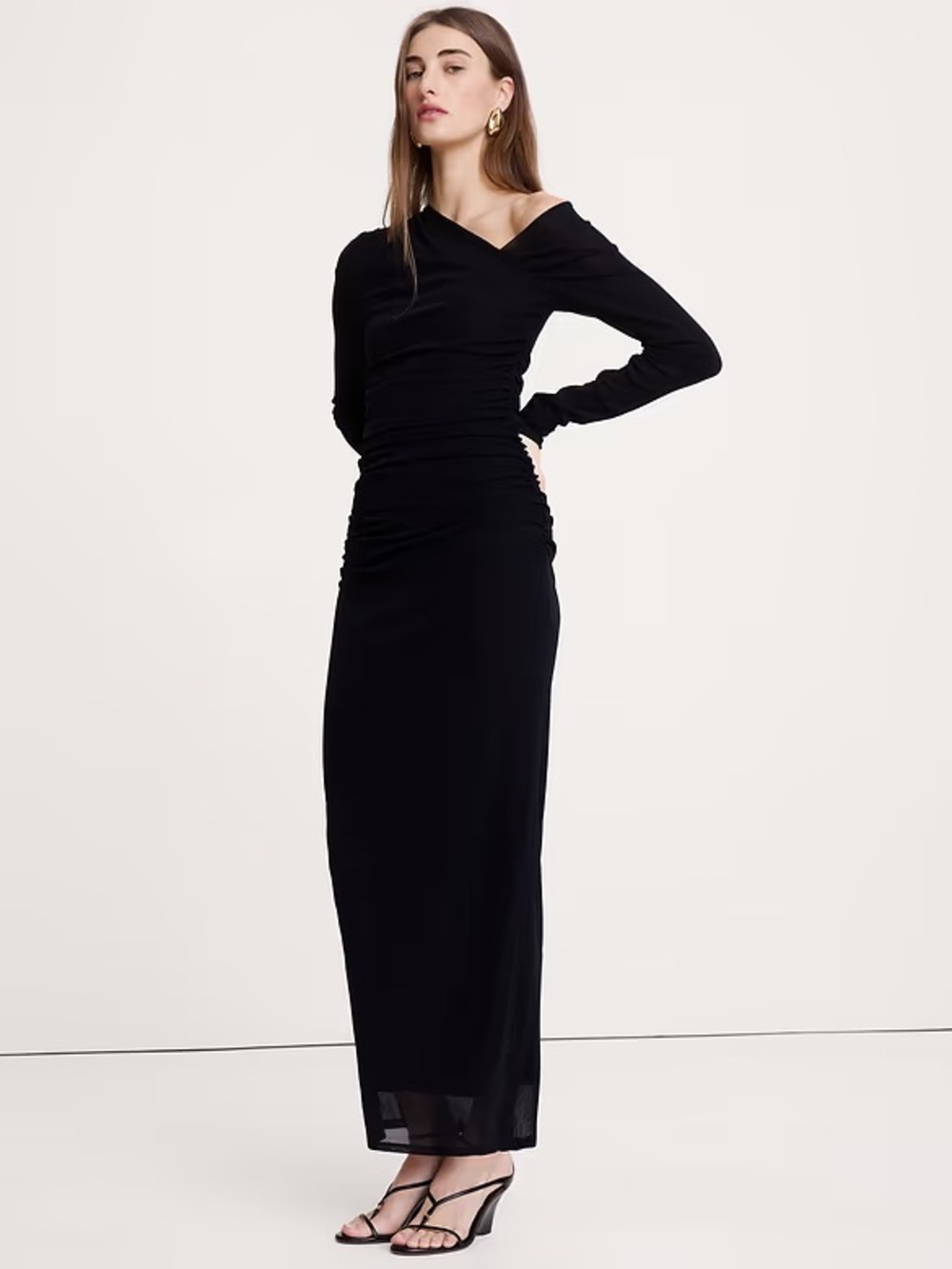 NEW! BANANA REPUBLIC BLACK MESH ASYMMETRIC RUCHED MAXI DRESS 🌅6️⃣